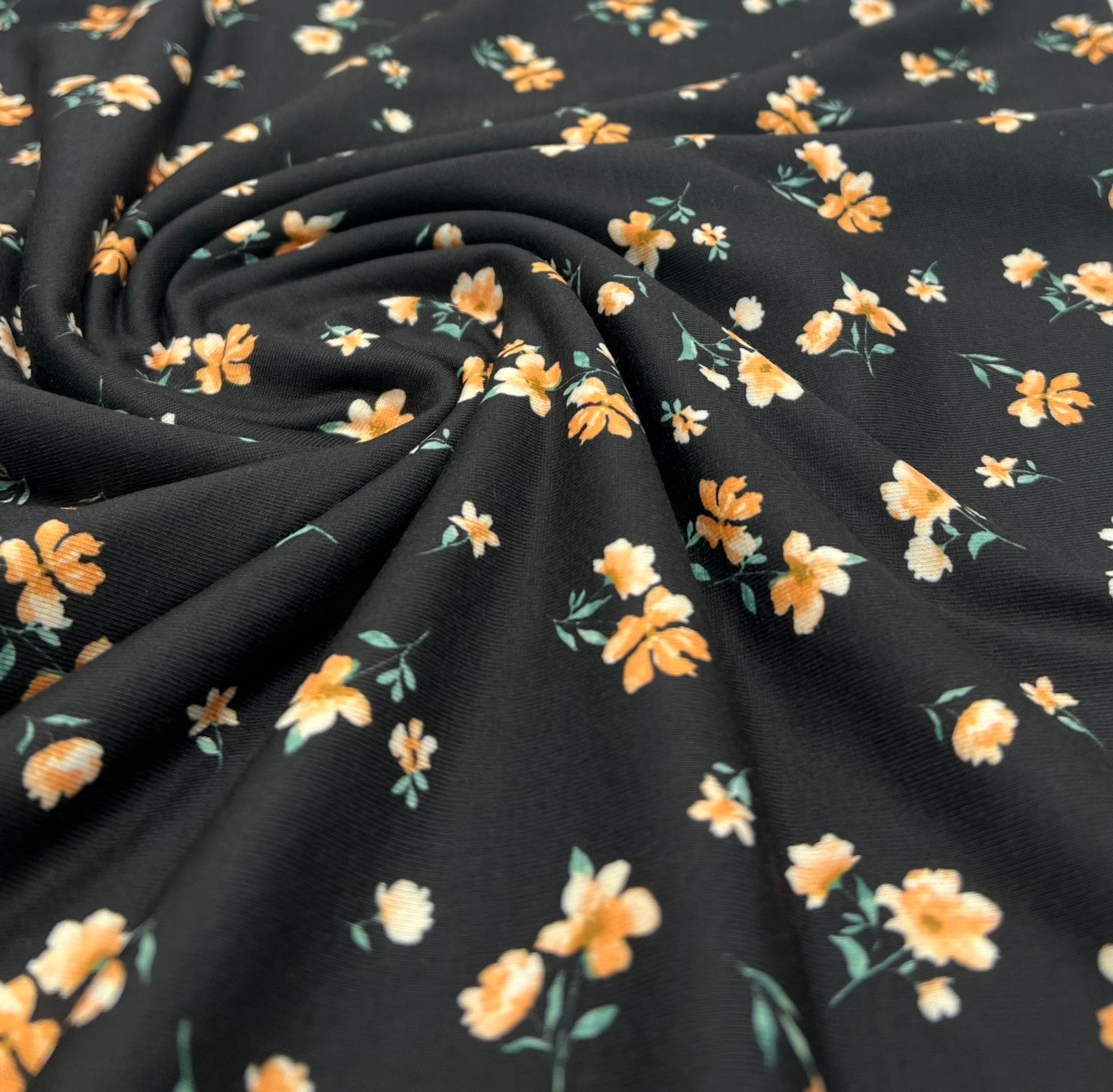 Black Orange Ditsy Floral Print Soft Spun Poly Stretch Fabric - T9 Fabrics